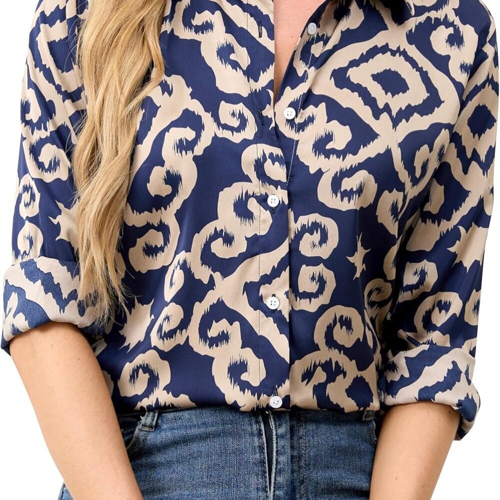 Wrinkle-Resistant Women Silky Button Down Shirts 2025 Fashion Printed Long Sleev